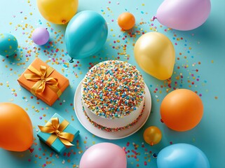 Obraz premium Colorful birthday party setup with cake, balloons, and gifts on blue backdrop