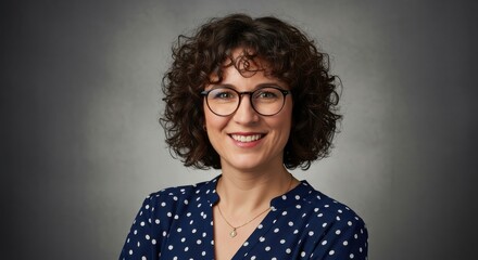 Obraz premium Portrait of a Smiling Professional Woman with Curly Hair and Glasses in a Blue Polka Dot Blouse on a Gray Background