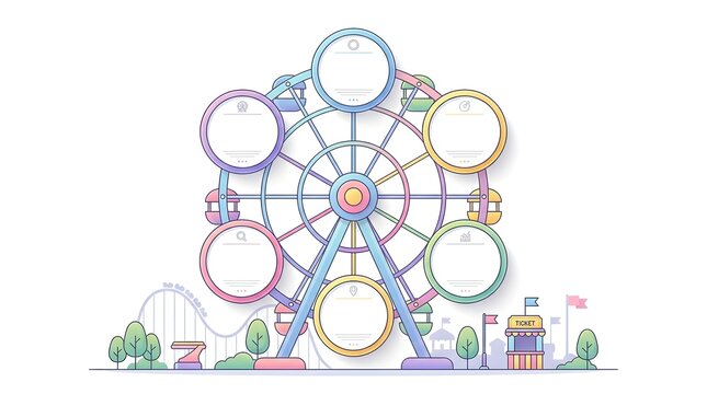 Whimsical amusement park Ferris wheel with eight empty gondolas and a roller coaster backdrop.