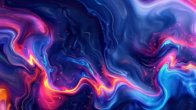 Abstract liquid paint swirls in vibrant blue, purple, and magenta tones with glowing light waves. Ideal for backgrounds, design projects, and artistic concepts.