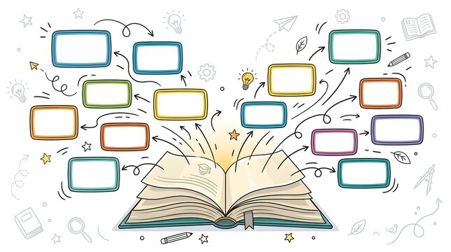 Colorful illustration of an open book with blank frames and icons radiating outward.