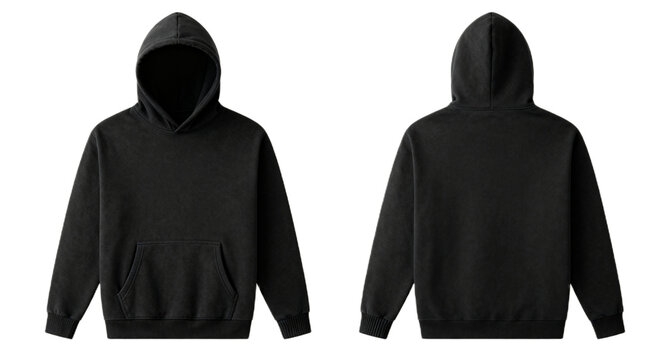 Versatile black pullover hoodie, front and back view, perfect for casual wear and comfortable style, ideal for fashion design mockups and everyday apparel collections