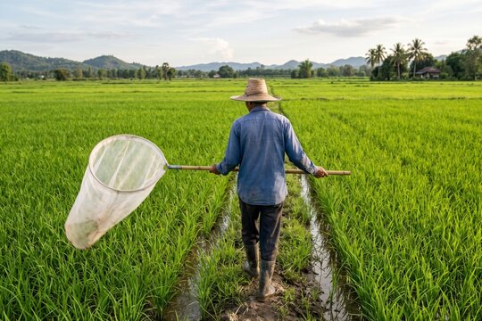 Farmer walking through a rice field carrying a sweep net for insect monitoring and integrated pest management in sustainable rice production.