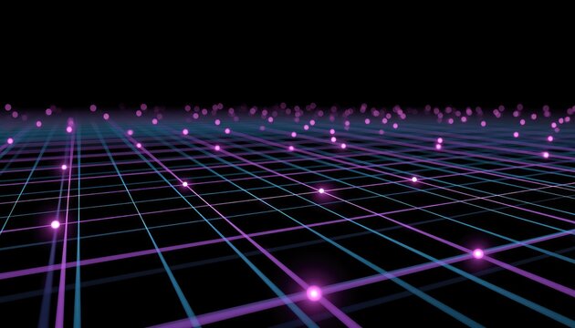 Abstract Digital Grid with Glowing Particles and Network Connections.