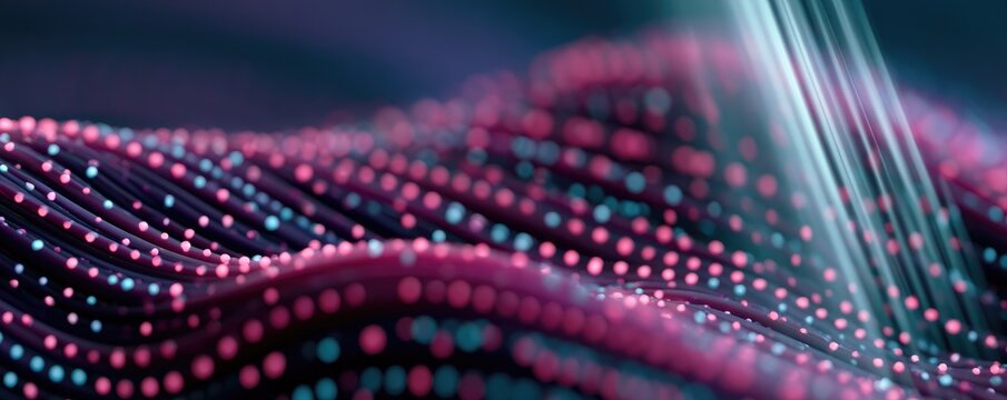Abstract Digital Network of Glowing Particles and Light Streaks.