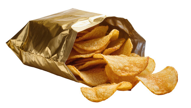 Golden potato chips spilling out of a shiny bag