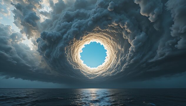 Inside Hurricane Eye Perfect Circle Blue Sky Wall Cloud Impossible View