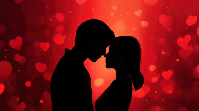 Romantic silhouette of couple face to face in red heart background, love and affection mood