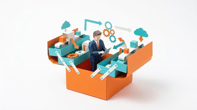Operational Efficiency Toolkit, Small business manager streamlining workflows with automation, isolated on white background
