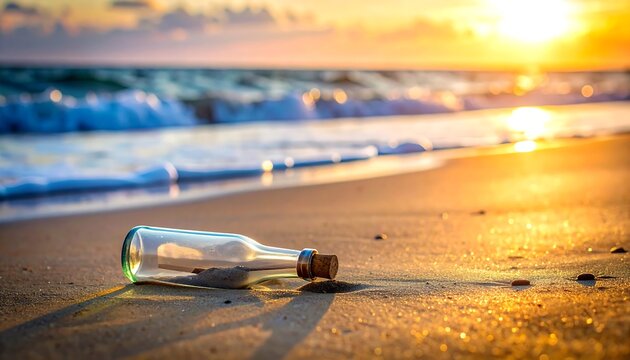 Washed up glass bottle with note on the sandy shore, ocean waves, and sunset background