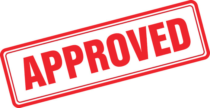 Approved stamp graphic red rectangular rubber seal with bold text on white background