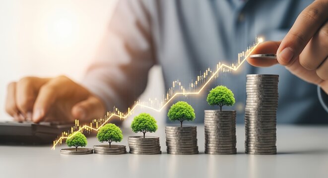Eco-friendly finance concept, green growth, sustainable investing, money stacks with trees