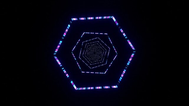 10 seconds seamless looping retro graphical neon psychedelic fly through hexagon tunnel  black background animation motion graphics screensaver visualizer HD-video