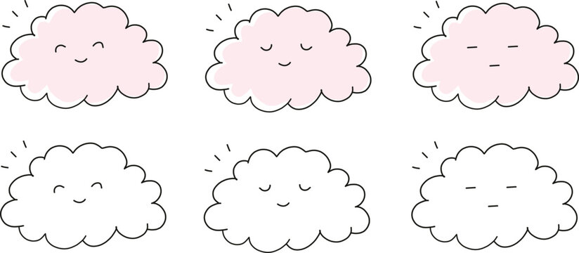 hand drawn dreamy clouds with different facial expressions vector set
