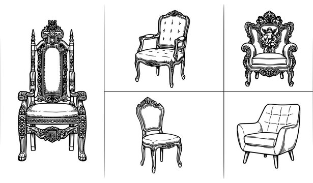 Hand Drawn Vintage Throne Armchair and Antique Chair Vector Furniture Collection