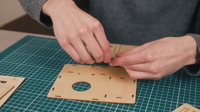 DIY hands extracting wooden model house parts from plywood sheet on cutting mat. Beginning miniature home construction project featuring new housing concept creative hobby architecture craftsmanship