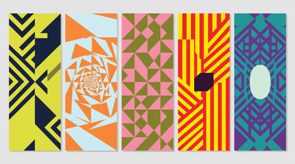 Obraz premium Six-panel abstract geometric pattern collage with vibrant colors, tessellations, stripes and shapes for modern graphic design backgrounds