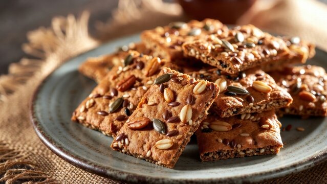 Seeded cracker squares piled on ceramic plate closeup