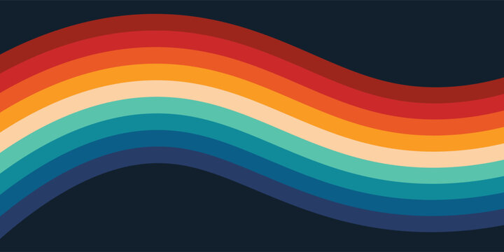 Abstract colorful 70s background vector. Vintage retro style wallpaper with lines, rainbow wavy stripes. 1970 color illustration design suitable for poster, banner, decorative, wall art.