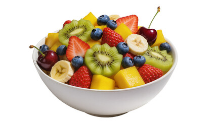 Fresh fruit salad in white bowl with strawberries blueberries kiwi banana mango, and cherries © Corman