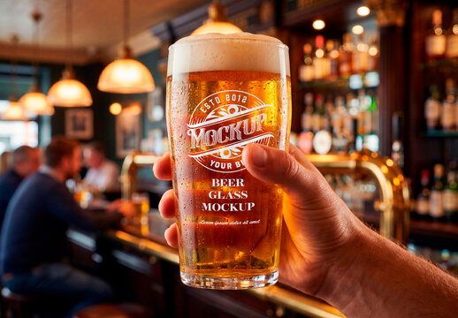 Beer glass in pub setting