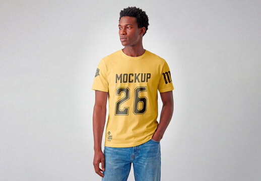 White t shirt mockup on male model with jeans minimal style