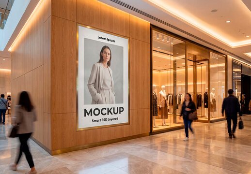 Modern shopping mall poster mockup on wooden facade
