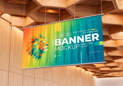 Hanging Indoor Banner Mockup Wooden Ceiling