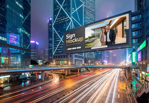 Futuristic city highway billboard mockup at night