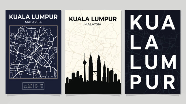 Triptych Kuala Lumpur travel poster set featuring city map, skyline silhouettes, and bold typographic art