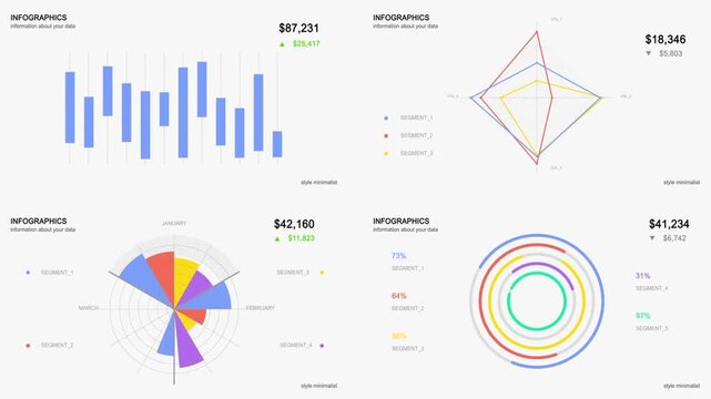 Minimalist financial infographics dashboard showing animated radar chart, bar graph, and circular data diagrams.