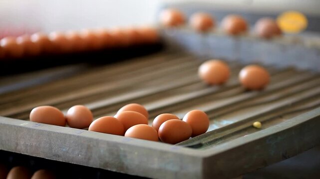 Brown Chicken Eggs on Conveyor Belt in Poultry Processing Facility