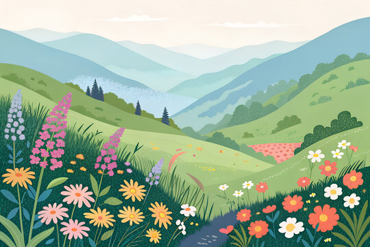 Valley of Flowers, Uttarakhand, colorful minimal vector landscape