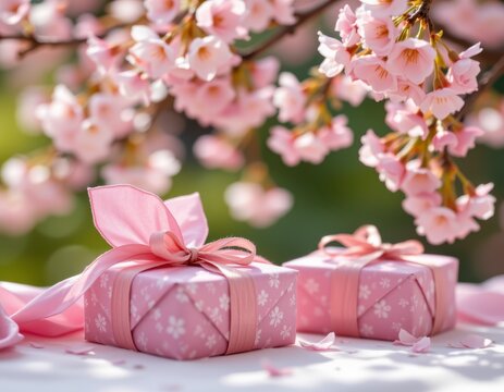 Pink Gift Boxes with Blooming Flowers Soft Natural Light