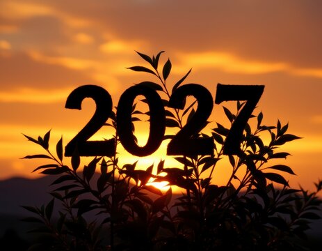 Sunset Silhouette with New Year Numbers and Warm Sky