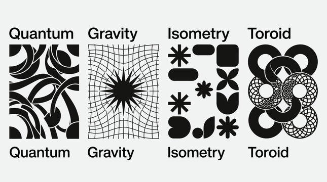 Abstract black-and-white collage illustrating quantum gravity, isometry, and toroid concepts across four labeled panels