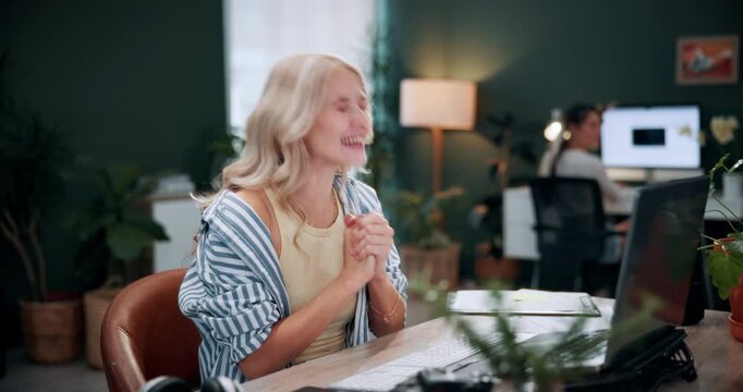 Excited, woman and celebration with laptop in office for campaign success, site launch or applause. Coworking, person and tech with fist pump for pitch approval, marketing incentive and achievement