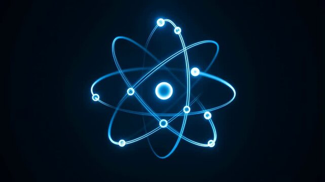 Glowing atomic particle movement with blue energy trails in 3 steps