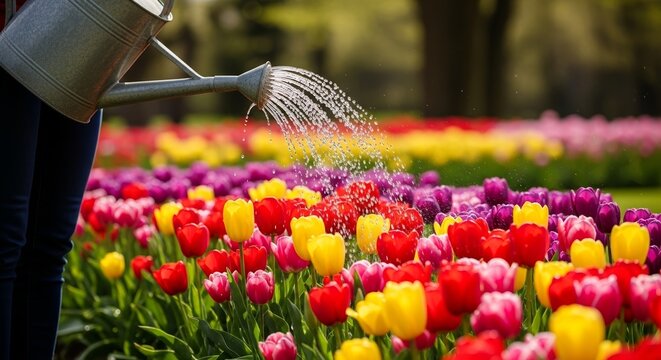 Person watering colorful tulip bed with watering can in bright spring garden. Tulip garden features vibrant flowers: red, yellow, purple, and pink blooming together.
