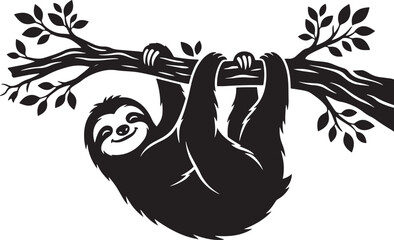 Fototapeta premium Sloth hanging from tree branch silhouette vector with silhouette wildlife tropical creature climbing isolated