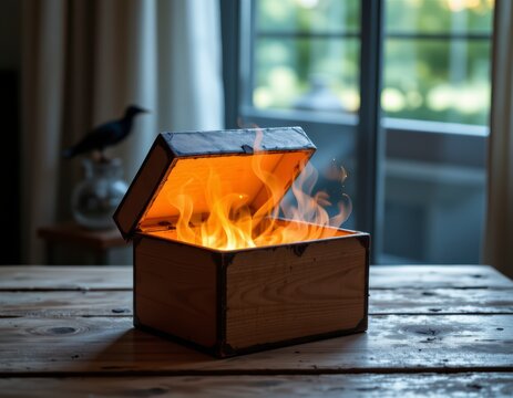 Wooden Box with Burning Flames Sunlit Window