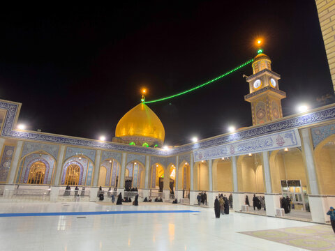 Kufa, Iraq - January 02, 2026: The Main Courtyard of the Grand Mosque of Kufa in Iraq, showing the golden dome and the historical minaret of the mosque.