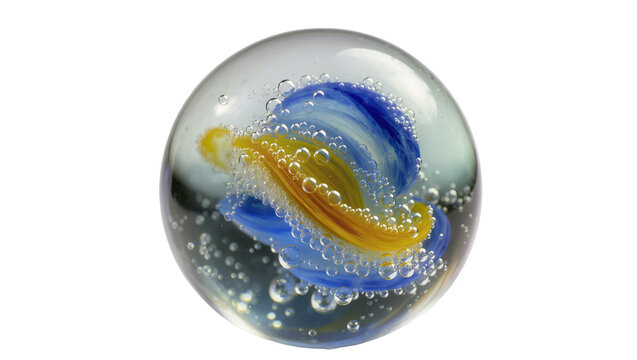Glass marble with swirling blue and yellow patterns and air bubbles