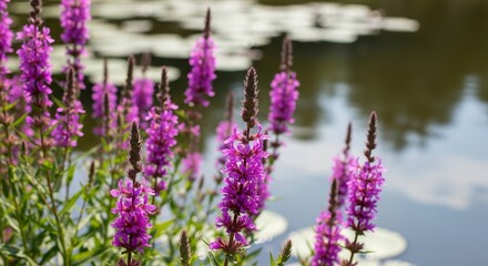 Obraz premium Purple loosestrife flowers by tranquil pond with water lilies reflecting in water surface. Purple loosestrife blooms beautifully near calm water body, enhancing peaceful outdoor scenery.
