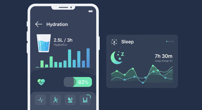 Digital health application displays hydration and sleep data on a screen