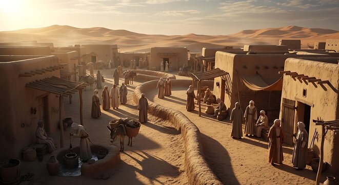 Ancient desert village with people in traditional robes and mud buildings at sunset time peacefully