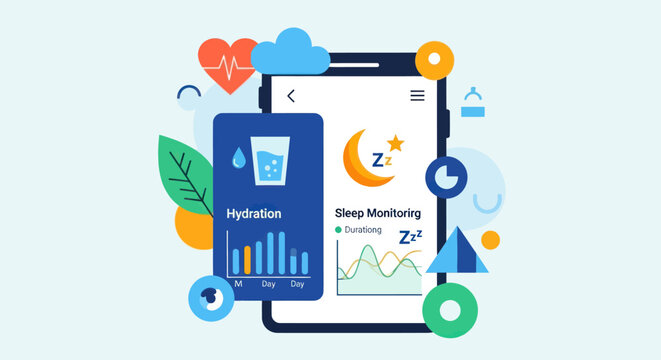 Digital health monitoring application interface with hydration and sleep tracking features