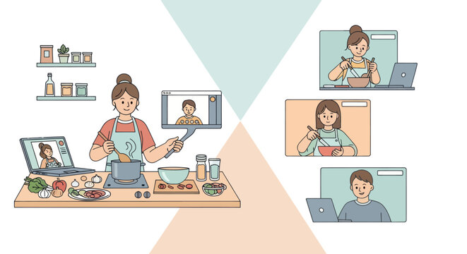 A person teaches cooking online to multiple students via video conference