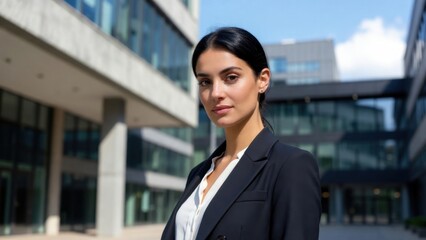 Fototapeta premium Businesswoman standing near corporate building entrance outdoors