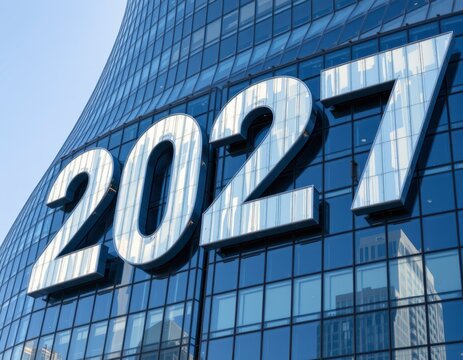 2027 Modern Office Tower with Illuminated Year Sign Night